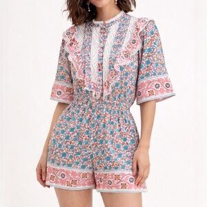 Place Nationale Flounce Trim Romper Cotton Linen Boho Pink White Size XL